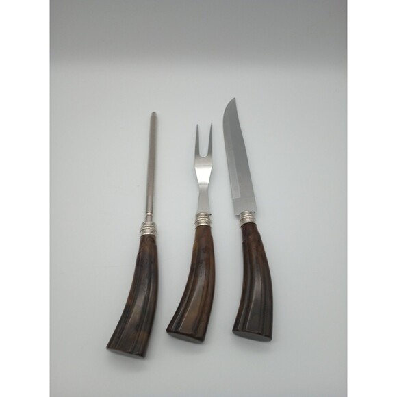 Sheffield Carving Set Bakelite Swirled Butterschotch MCM Fork Knife Sharpen Rod - Picture 4 of 10